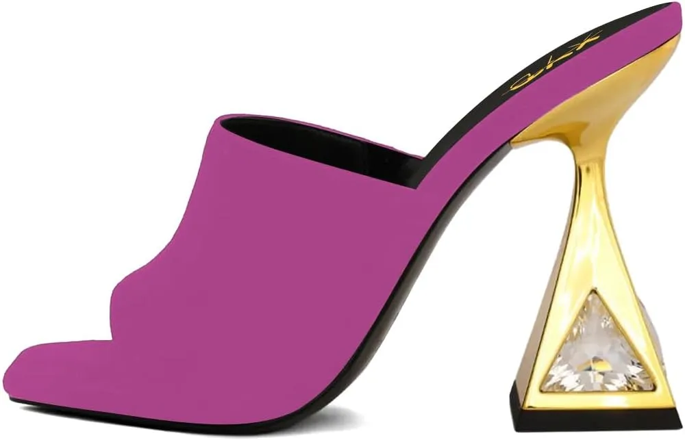 XYD Women's Open Square Toe Mule Fashion Flared High Heel with Crystals Slip On Slides Sandals Event Date Party Shoes
