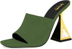 XYD Women's Open Square Toe Mule Fashion Flared High Heel with Crystals Slip On Slides Sandals Event Date Party Shoes