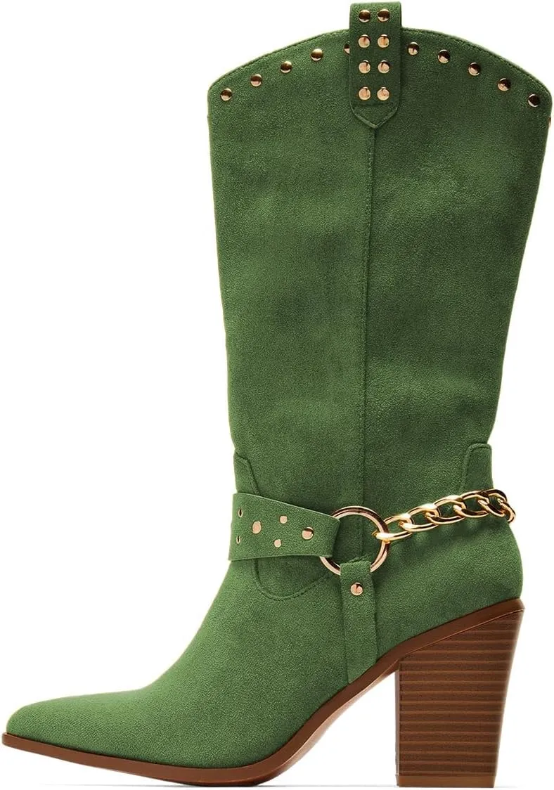 XYD Women's Stacked Cork Heel Knee High Boots Ankle Chain Strap Pointed Toe Golden Studs Outdoor Booties Shoes with Zip