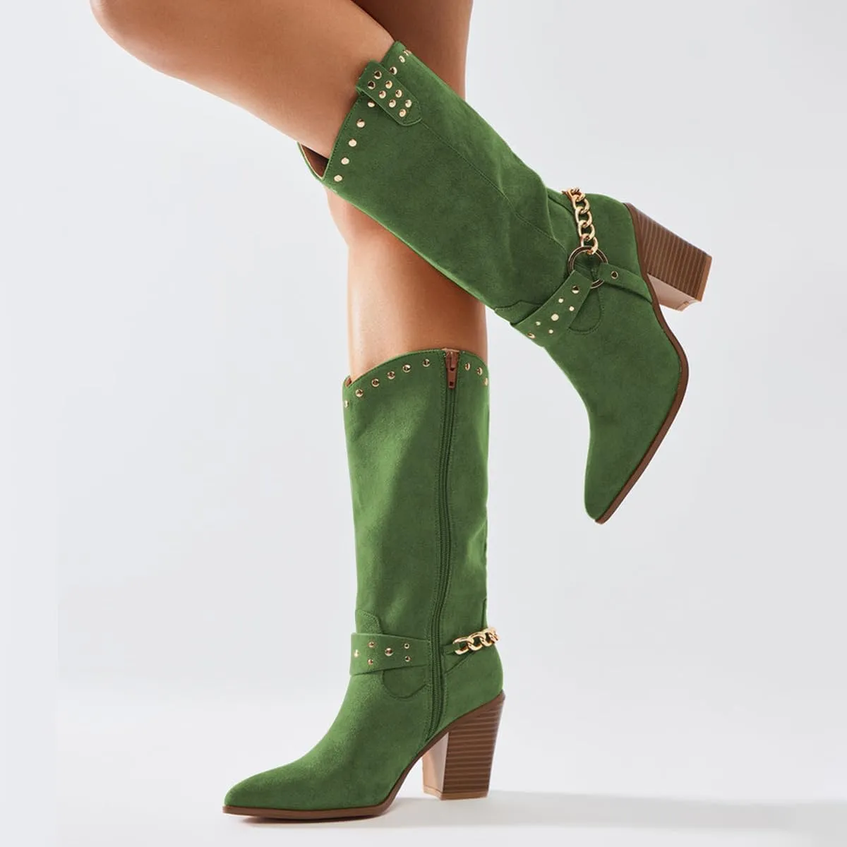 XYD Women's Stacked Cork Heel Knee High Boots Ankle Chain Strap Pointed Toe Golden Studs Outdoor Booties Shoes with Zip