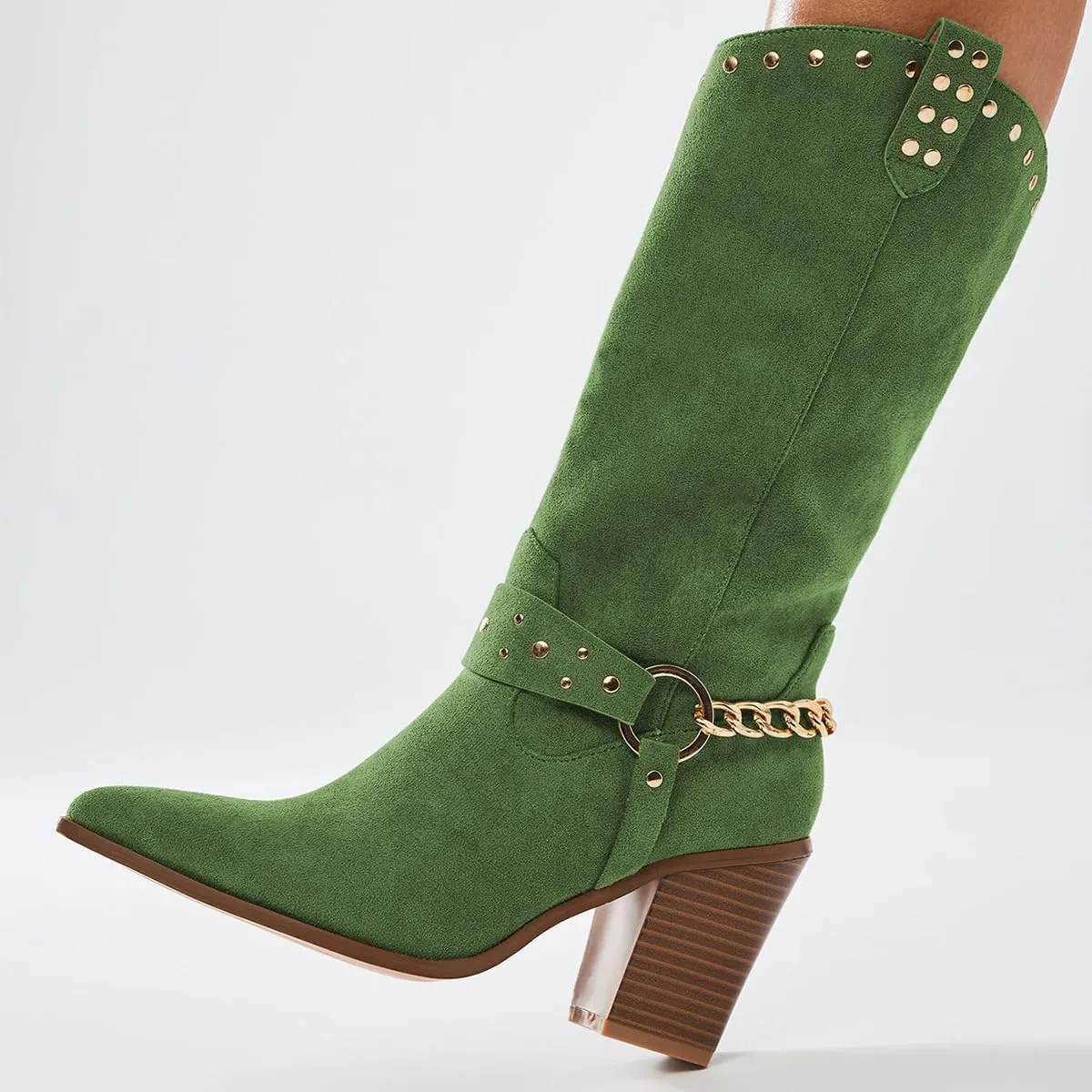 XYD Women's Stacked Cork Heel Knee High Boots Ankle Chain Strap Pointed Toe Golden Studs Outdoor Booties Shoes with Zip