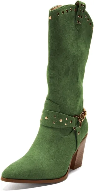 XYD Women's Stacked Cork Heel Knee High Boots Ankle Chain Strap Pointed Toe Golden Studs Outdoor Booties Shoes with Zip