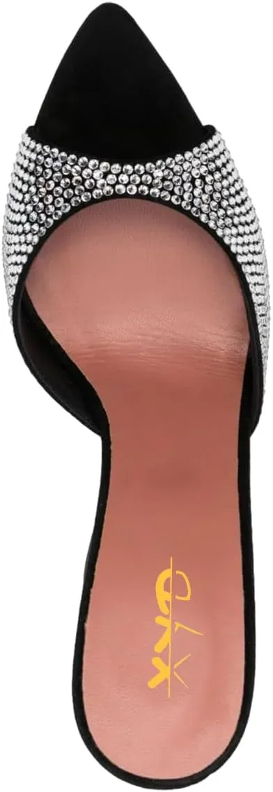 XYD Women's Summer Trendy Open Pointed Toe High Heel Mules Slip-ons Crystal Sparkle Rhinestone Studs Sandals Evening Wedding Party Shoes