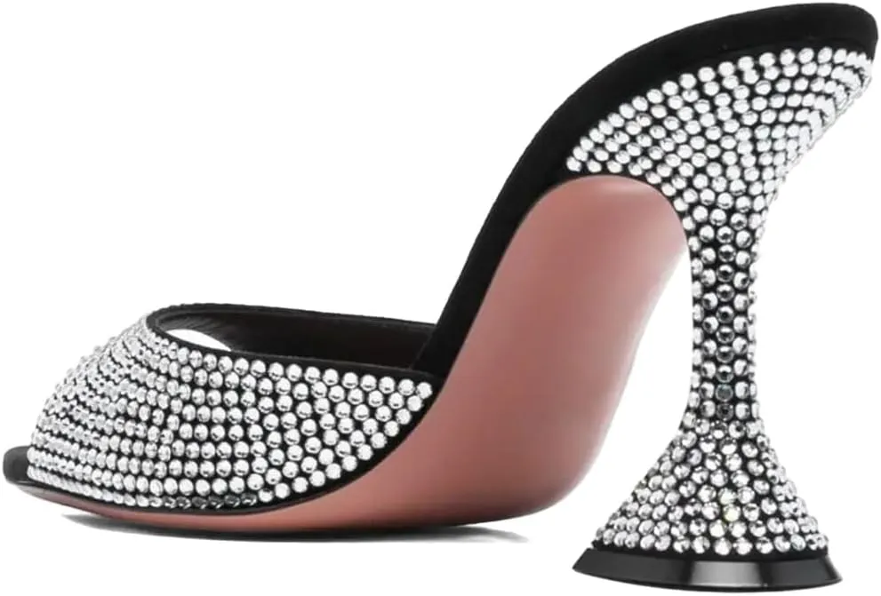 XYD Women's Summer Trendy Open Pointed Toe High Heel Mules Slip-ons Crystal Sparkle Rhinestone Studs Sandals Evening Wedding Party Shoes