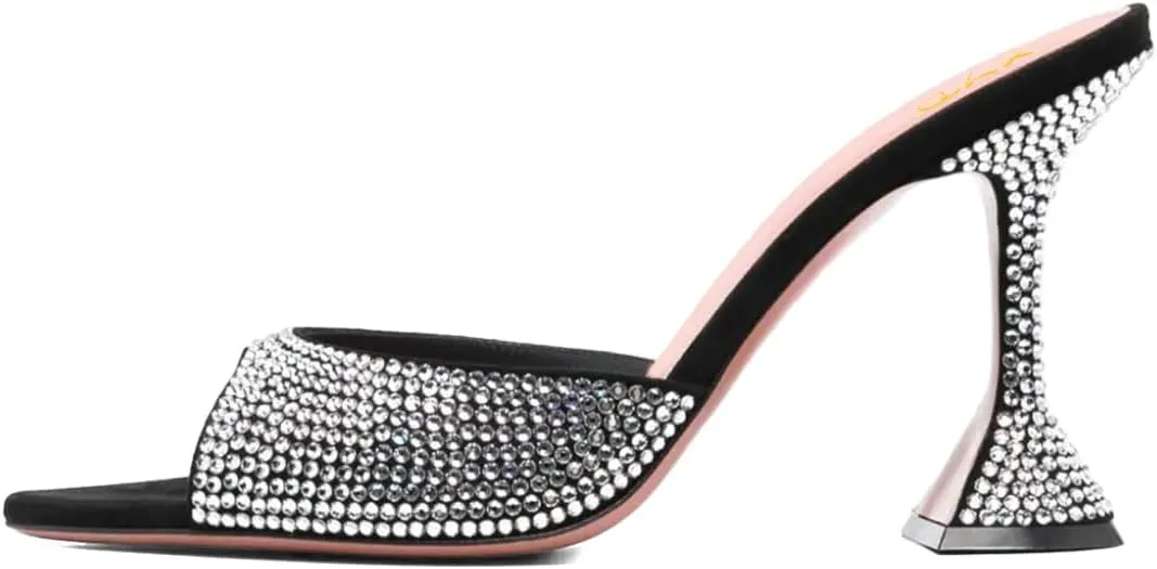 XYD Women's Summer Trendy Open Pointed Toe High Heel Mules Slip-ons Crystal Sparkle Rhinestone Studs Sandals Evening Wedding Party Shoes