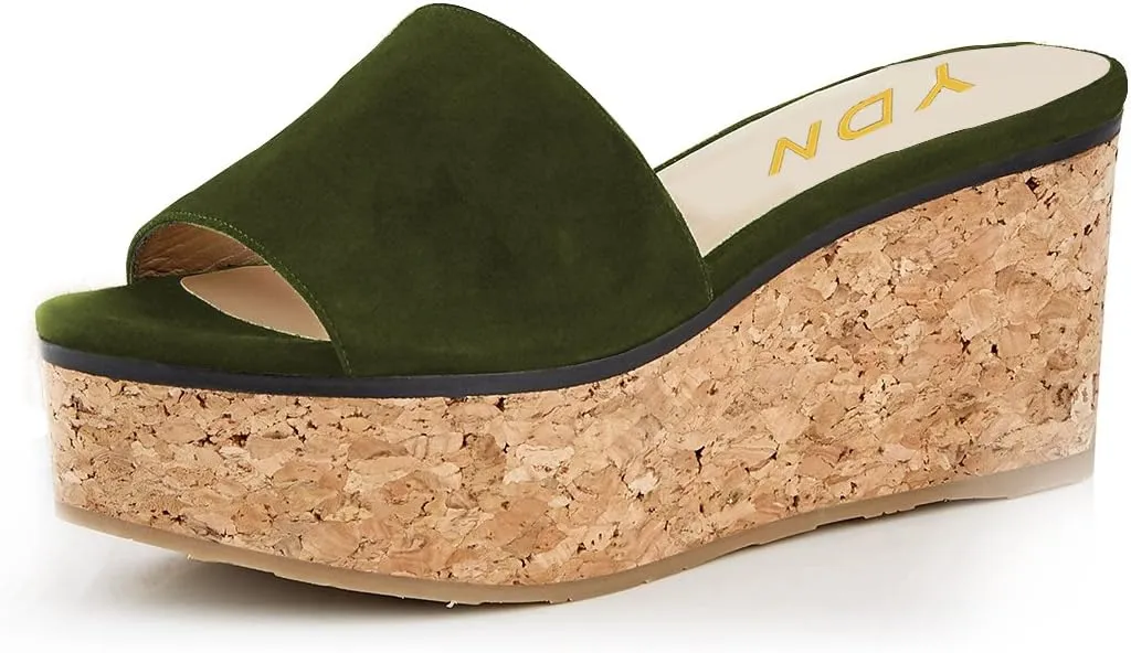 YDN Women Comfy Peep Toe Platform Sandals Slip on Cork Wedge High Heel Mules Beach Casual Outfit Shoes