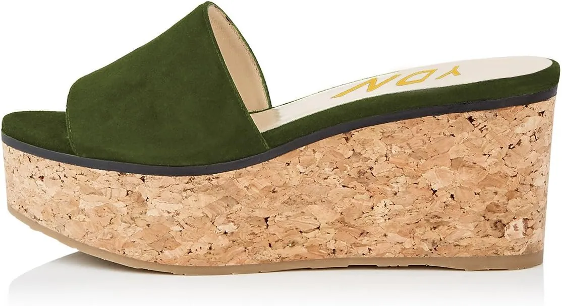 YDN Women Comfy Peep Toe Platform Sandals Slip on Cork Wedge High Heel Mules Beach Casual Outfit Shoes