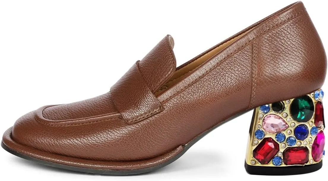 YDN Women Fashion Round Toe Loafers Rhinestone Studded Chunky Block Low Heels Comfy Slip On Daily Work Outfit Dressy Shoes Size 4-16 US
