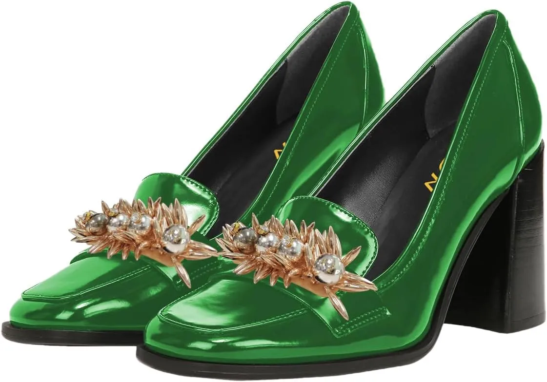 YDN Women Pearl Loafers Chunky High Heels Square Toe Studded Pumps Metal Oxfords Slip On Shoes Prom Party Working Size 4-16 US