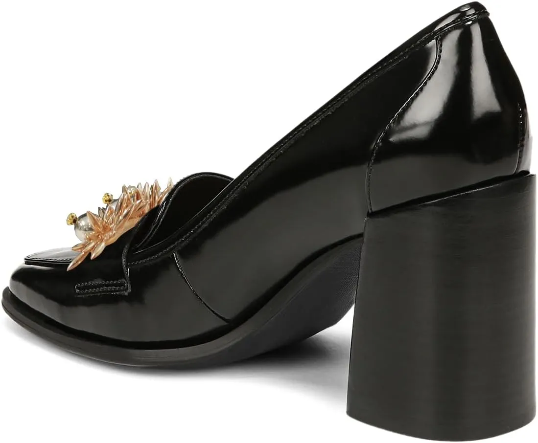 YDN Women Pearl Loafers Chunky High Heels Square Toe Studded Pumps Metal Oxfords Slip On Shoes Prom Party Working Size 4-16 US