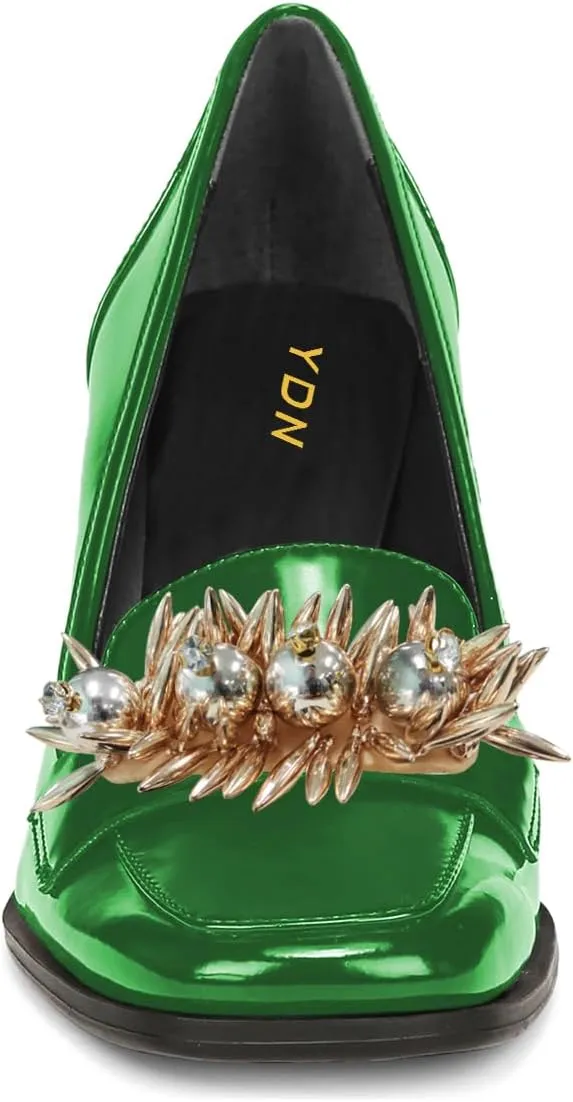 YDN Women Pearl Loafers Chunky High Heels Square Toe Studded Pumps Metal Oxfords Slip On Shoes Prom Party Working Size 4-16 US
