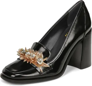 YDN Women Pearl Loafers Chunky High Heels Square Toe Studded Pumps Metal Oxfords Slip On Shoes Prom Party Working Size 4-16 US