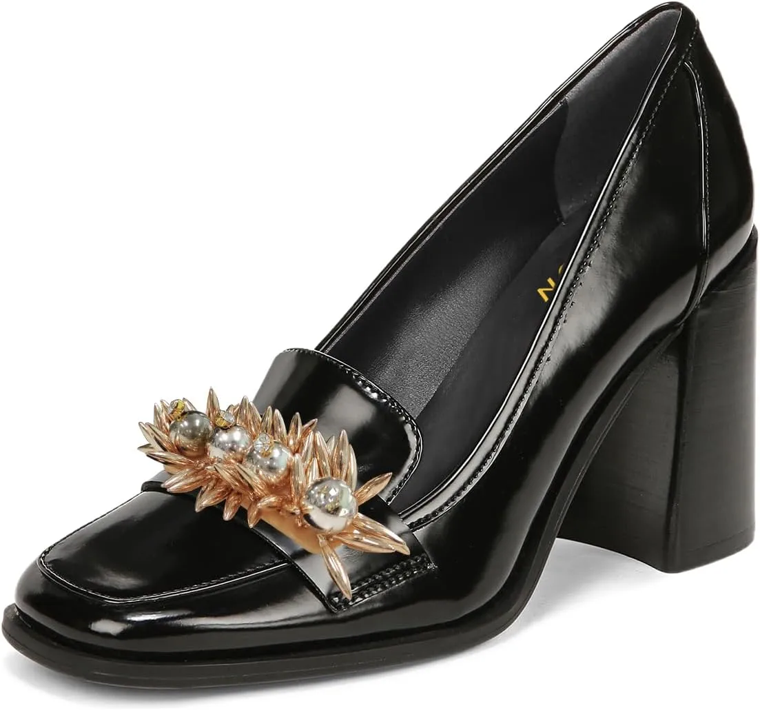 YDN Women Pearl Loafers Chunky High Heels Square Toe Studded Pumps Metal Oxfords Slip On Shoes Prom Party Working Size 4-16 US
