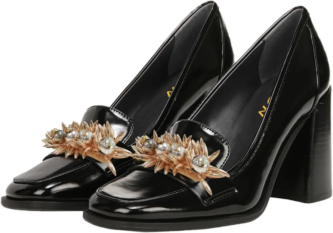 YDN Women Pearl Loafers Chunky High Heels Square Toe Studded Pumps Metal Oxfords Slip On Shoes Prom Party Working Size 4-16 US