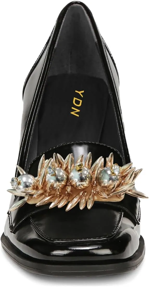 YDN Women Pearl Loafers Chunky High Heels Square Toe Studded Pumps Metal Oxfords Slip On Shoes Prom Party Working Size 4-16 US