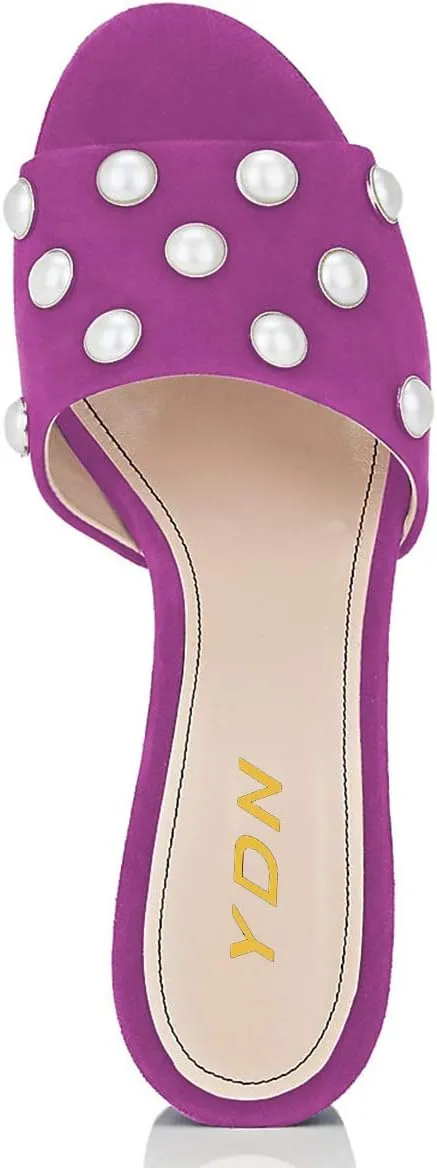 YDN Women Pearl Studded Open Toe Chunky High Heels Slide Sandals Chic Summer Mules Pumps