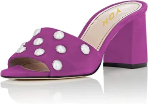 YDN Women Pearl Studded Open Toe Chunky High Heels Slide Sandals Chic Summer Mules Pumps