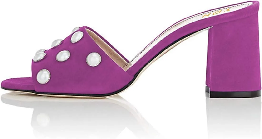 YDN Women Pearl Studded Open Toe Chunky High Heels Slide Sandals Chic Summer Mules Pumps