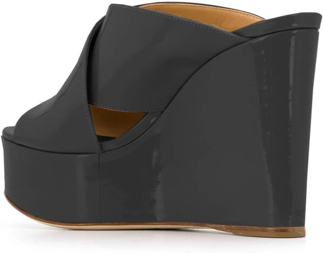 YDN Women Peep Toe High Heel Wedge Sandals Slip on Mules Platform Double Wide Strap Slide Slippers Backless Ladies Girls Walking Club Party Summer Beach Dress Shoe