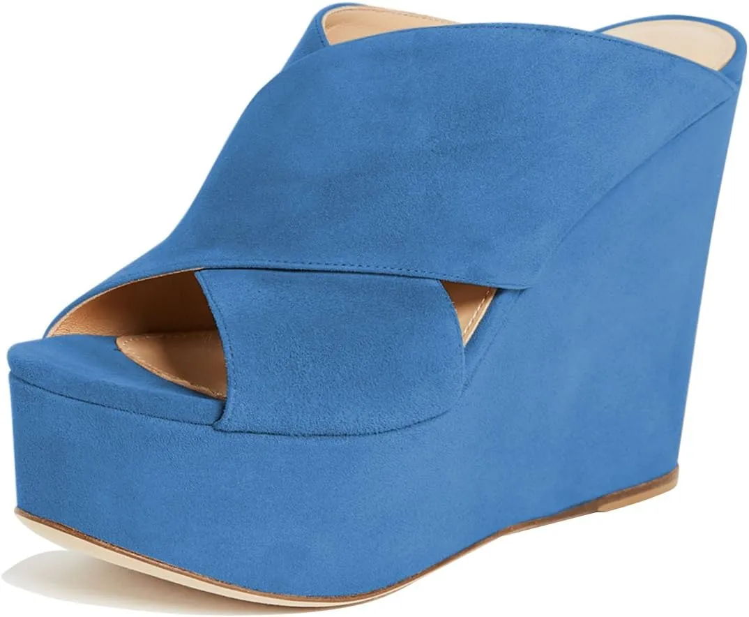YDN Women Peep Toe High Heel Wedge Sandals Slip on Mules Platform Double Wide Strap Slide Slippers Backless Ladies Girls Walking Club Party Summer Beach Dress Shoe