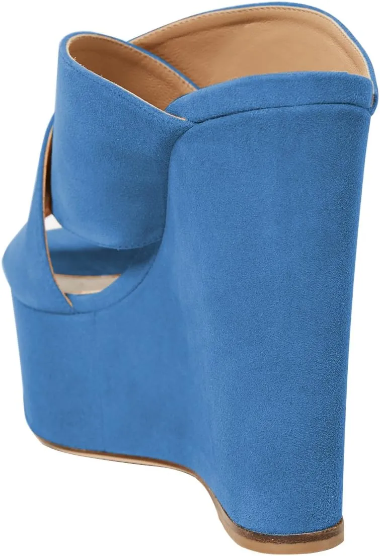 YDN Women Peep Toe High Heel Wedge Sandals Slip on Mules Platform Double Wide Strap Slide Slippers Backless Ladies Girls Walking Club Party Summer Beach Dress Shoe