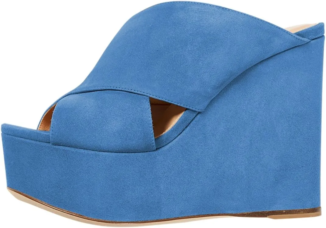 YDN Women Peep Toe High Heel Wedge Sandals Slip on Mules Platform Double Wide Strap Slide Slippers Backless Ladies Girls Walking Club Party Summer Beach Dress Shoe