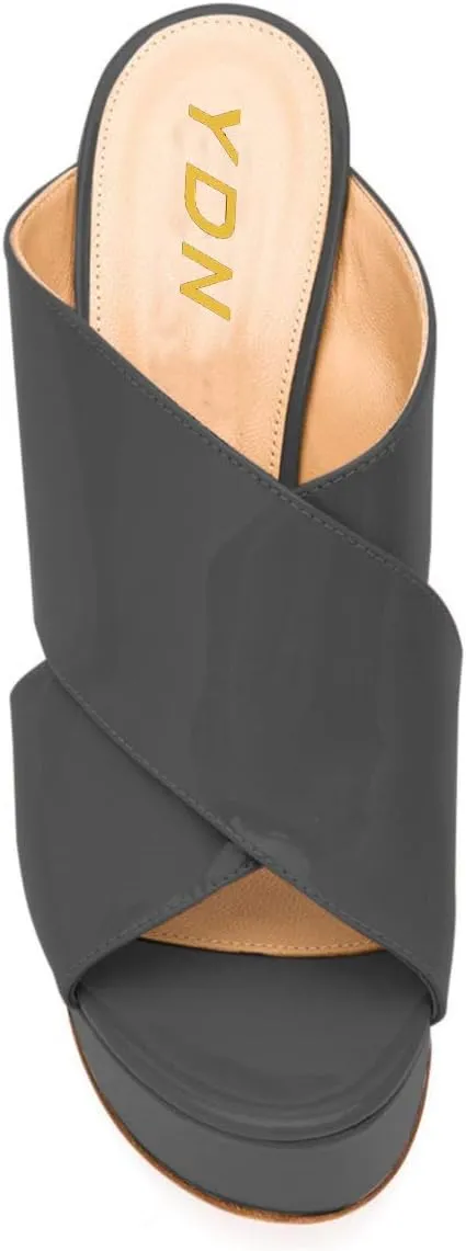 YDN Women Peep Toe High Heel Wedge Sandals Slip on Mules Platform Double Wide Strap Slide Slippers Backless Ladies Girls Walking Club Party Summer Beach Dress Shoe