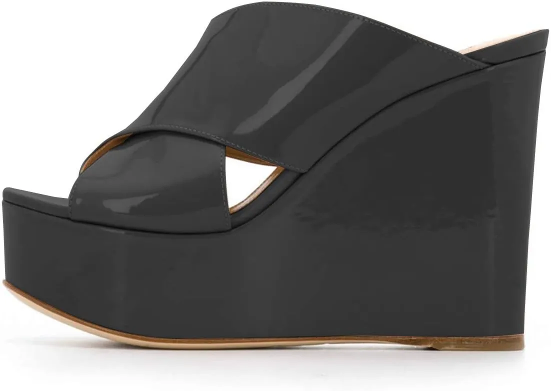 YDN Women Peep Toe High Heel Wedge Sandals Slip on Mules Platform Double Wide Strap Slide Slippers Backless Ladies Girls Walking Club Party Summer Beach Dress Shoe