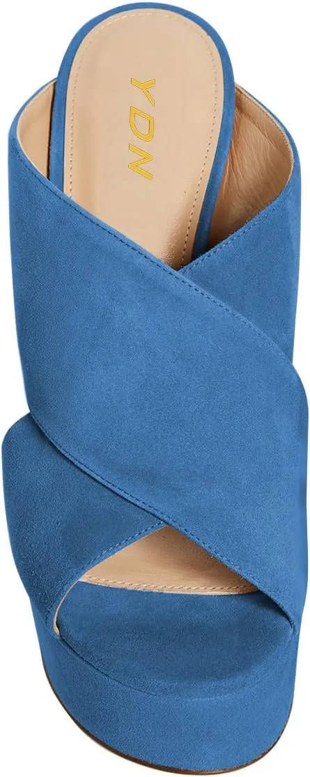 YDN Women Peep Toe High Heel Wedge Sandals Slip on Mules Platform Double Wide Strap Slide Slippers Backless Ladies Girls Walking Club Party Summer Beach Dress Shoe