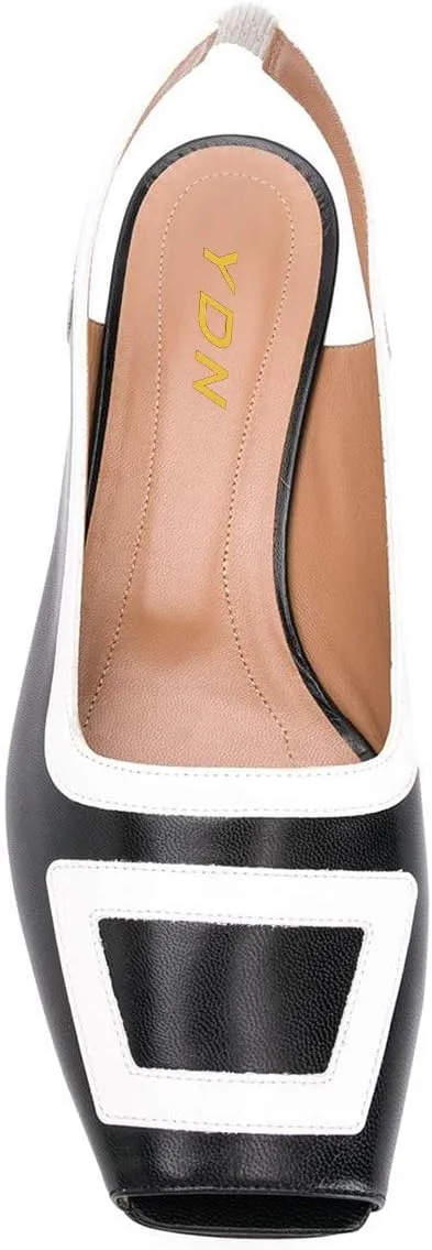 YDN Women Retro Square Toe Low Block Heel Patchwork Loafers Slingback Slip On Multicolored Office Ladies Dress Sandal Pumps