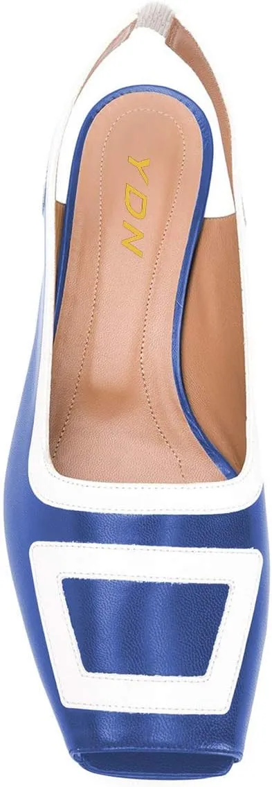 YDN Women Retro Square Toe Low Block Heel Patchwork Loafers Slingback Slip On Multicolored Office Ladies Dress Sandal Pumps
