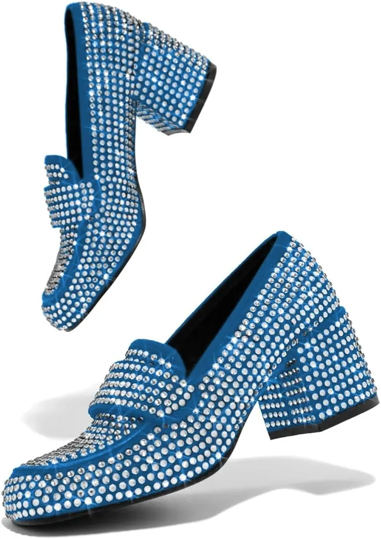YDN Women Square Toe Studded Pumps Block Low Heel Loafers Rhinestone Shinning Dance Party Shoes Size 4-15 US