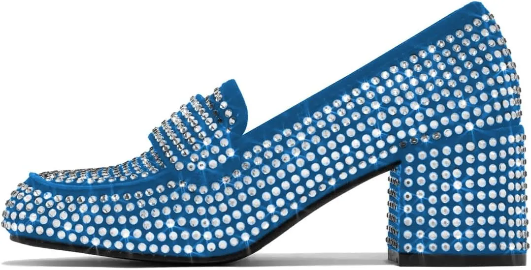 YDN Women Square Toe Studded Pumps Block Low Heel Loafers Rhinestone Shinning Dance Party Shoes Size 4-15 US