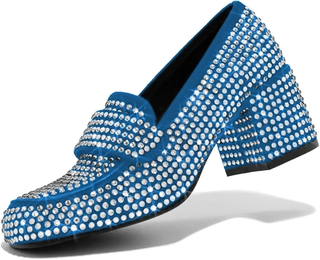 YDN Women Square Toe Studded Pumps Block Low Heel Loafers Rhinestone Shinning Dance Party Shoes Size 4-15 US