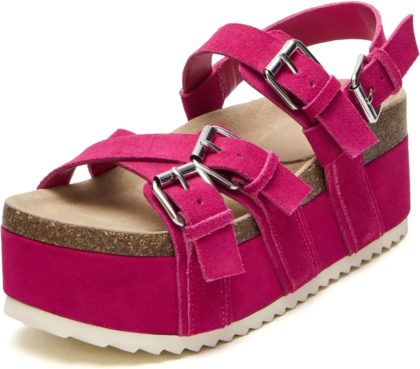 Yishaweiqi Women's Suede Strappy Platform Sandals Comfortable Cork Footbed Flatform Sandals Adjustable Buckle Straps Flat Clogs Wedge Sandals