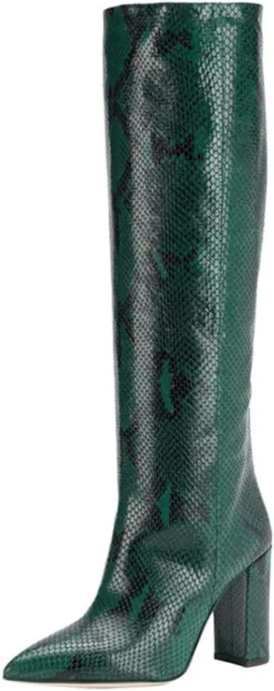 YIYA Knee High Western Boots for Women Winter Leather Shoes Pointed Toe Block High Heel Tall Boot