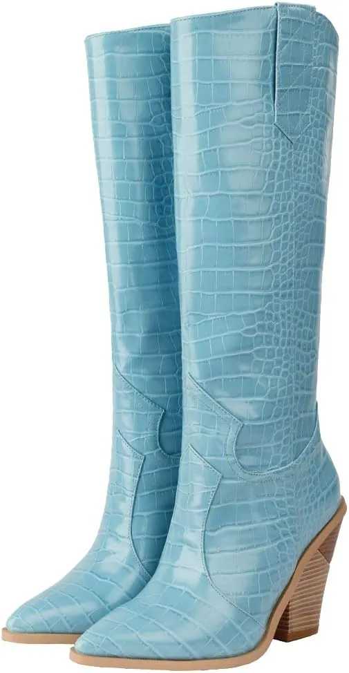 YIYA Women's Cowgirl Knee High Boots with Thick Wedge Heel Fashion Dress Boot for Women Western Cowboy Boot