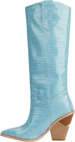 YIYA Women's Cowgirl Knee High Boots with Thick Wedge Heel Fashion Dress Boot for Women Western Cowboy Boot
