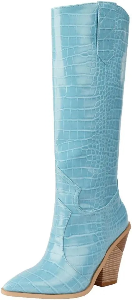 YIYA Women's Cowgirl Knee High Boots with Thick Wedge Heel Fashion Dress Boot for Women Western Cowboy Boot