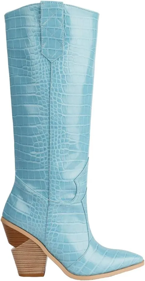 YIYA Women's Cowgirl Knee High Boots with Thick Wedge Heel Fashion Dress Boot for Women Western Cowboy Boot