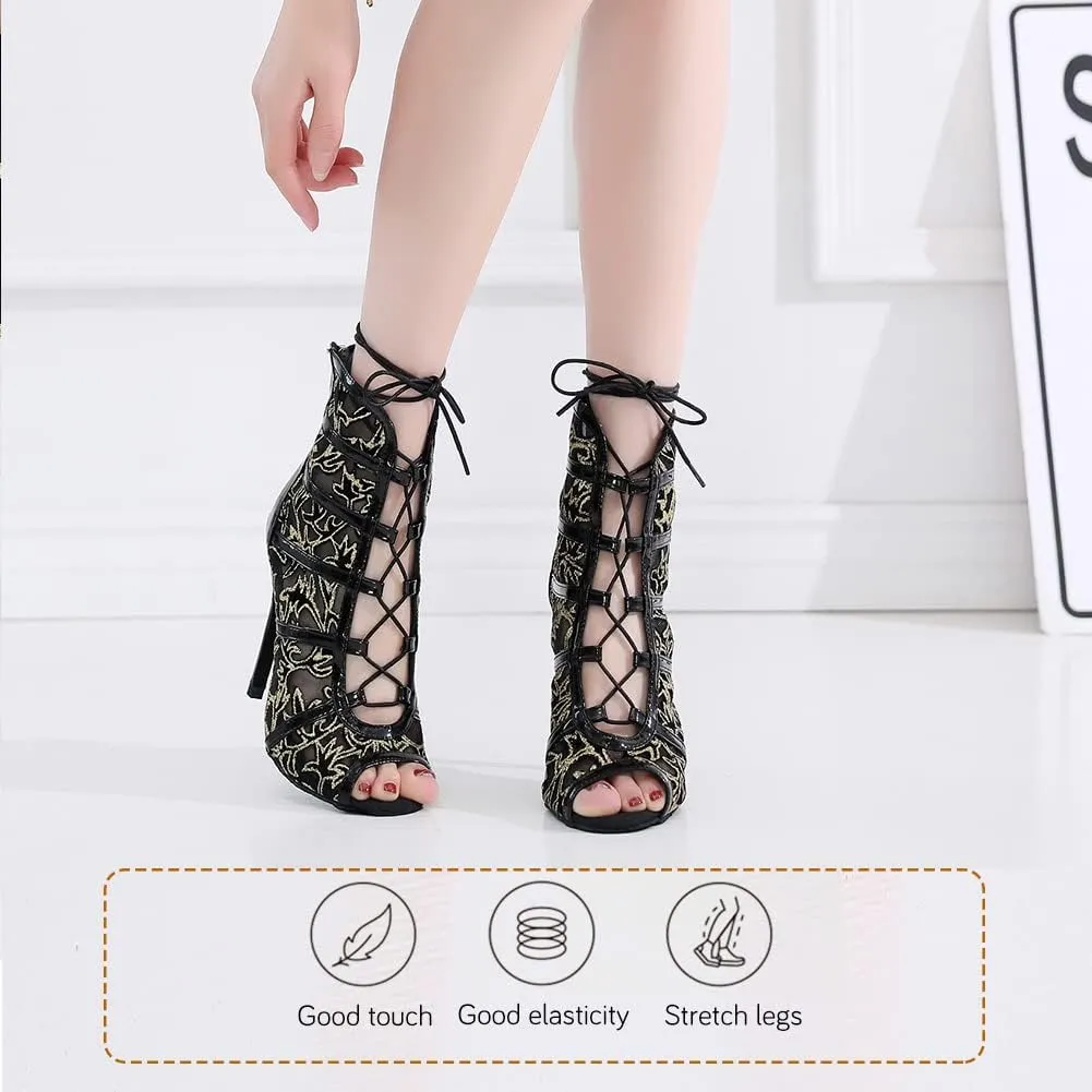 YKXLM Latin Dance Boots Salsa Bachata Performance Women Ballroom Lace-up Ankle Open Toe Dance Shoes