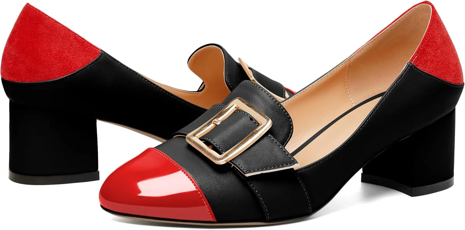 Zamikoo Block Heels for Women, Round Cap Toe Slip On Low Heel Pumps with Buckle Strap, Chunky Low Heels Loafers Pumps Dress Shoes for Wedding Party Office 2 Inches
