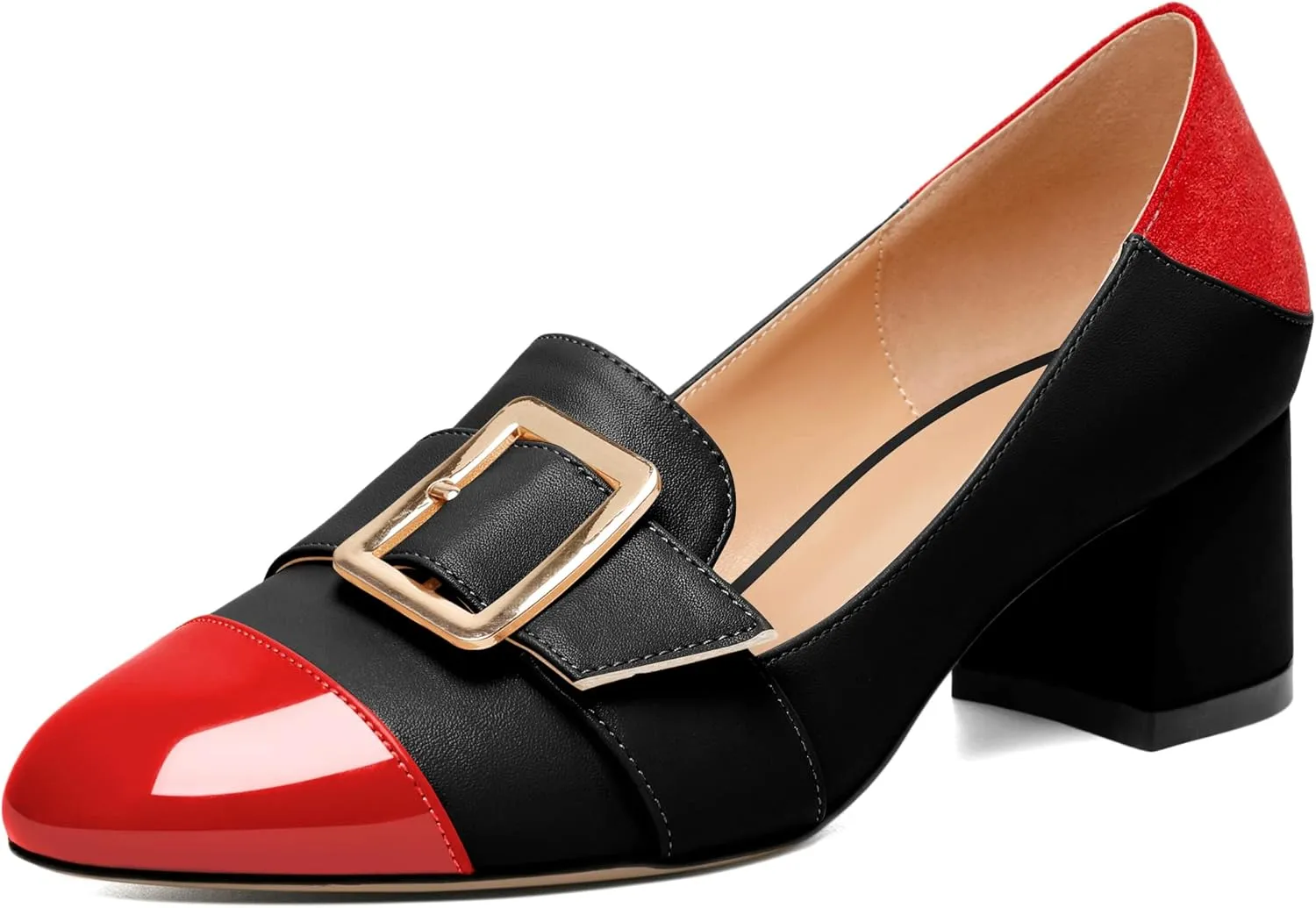 Zamikoo Block Heels for Women, Round Cap Toe Slip On Low Heel Pumps with Buckle Strap, Chunky Low Heels Loafers Pumps Dress Shoes for Wedding Party Office 2 Inches