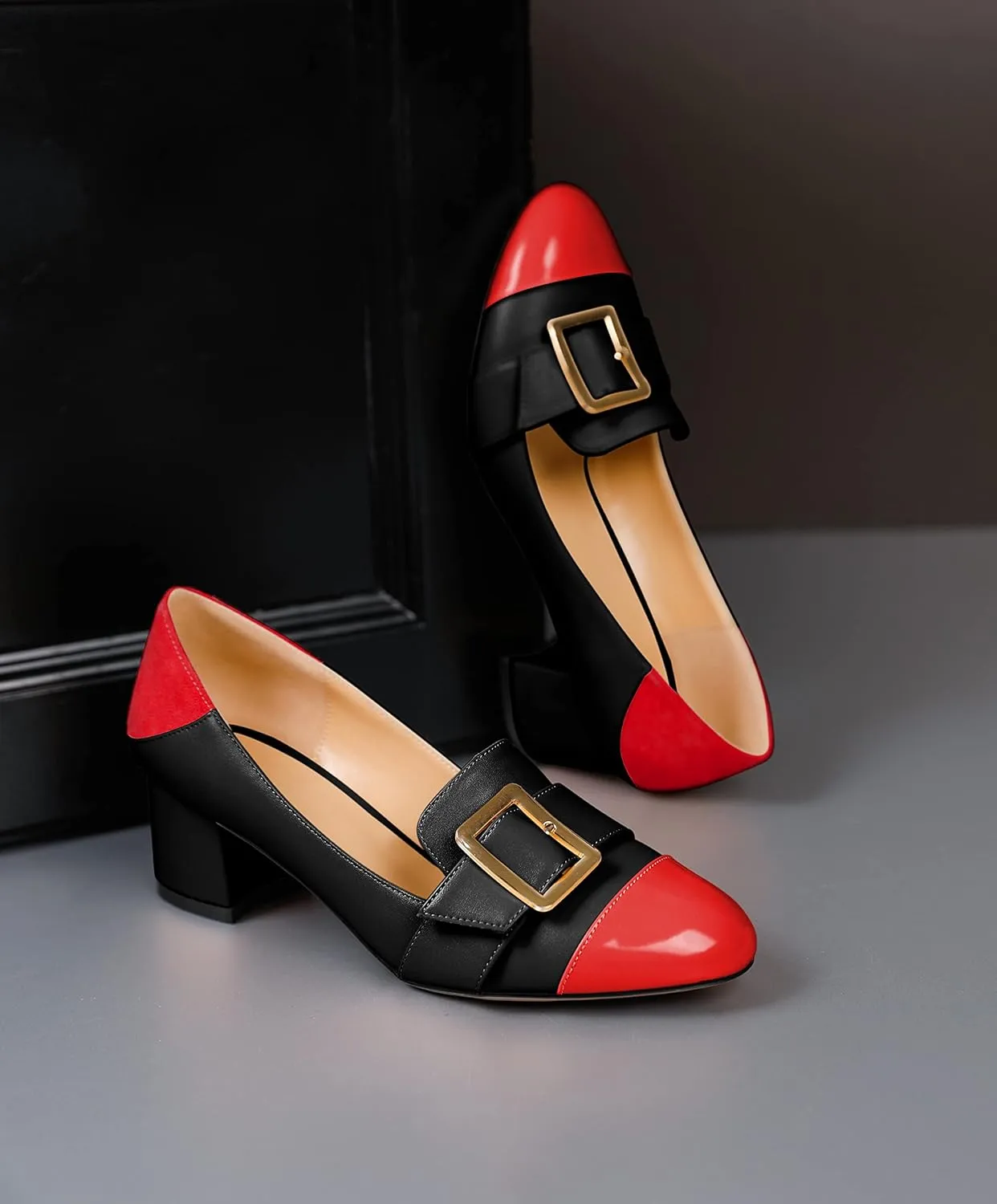 Zamikoo Block Heels for Women, Round Cap Toe Slip On Low Heel Pumps with Buckle Strap, Chunky Low Heels Loafers Pumps Dress Shoes for Wedding Party Office 2 Inches