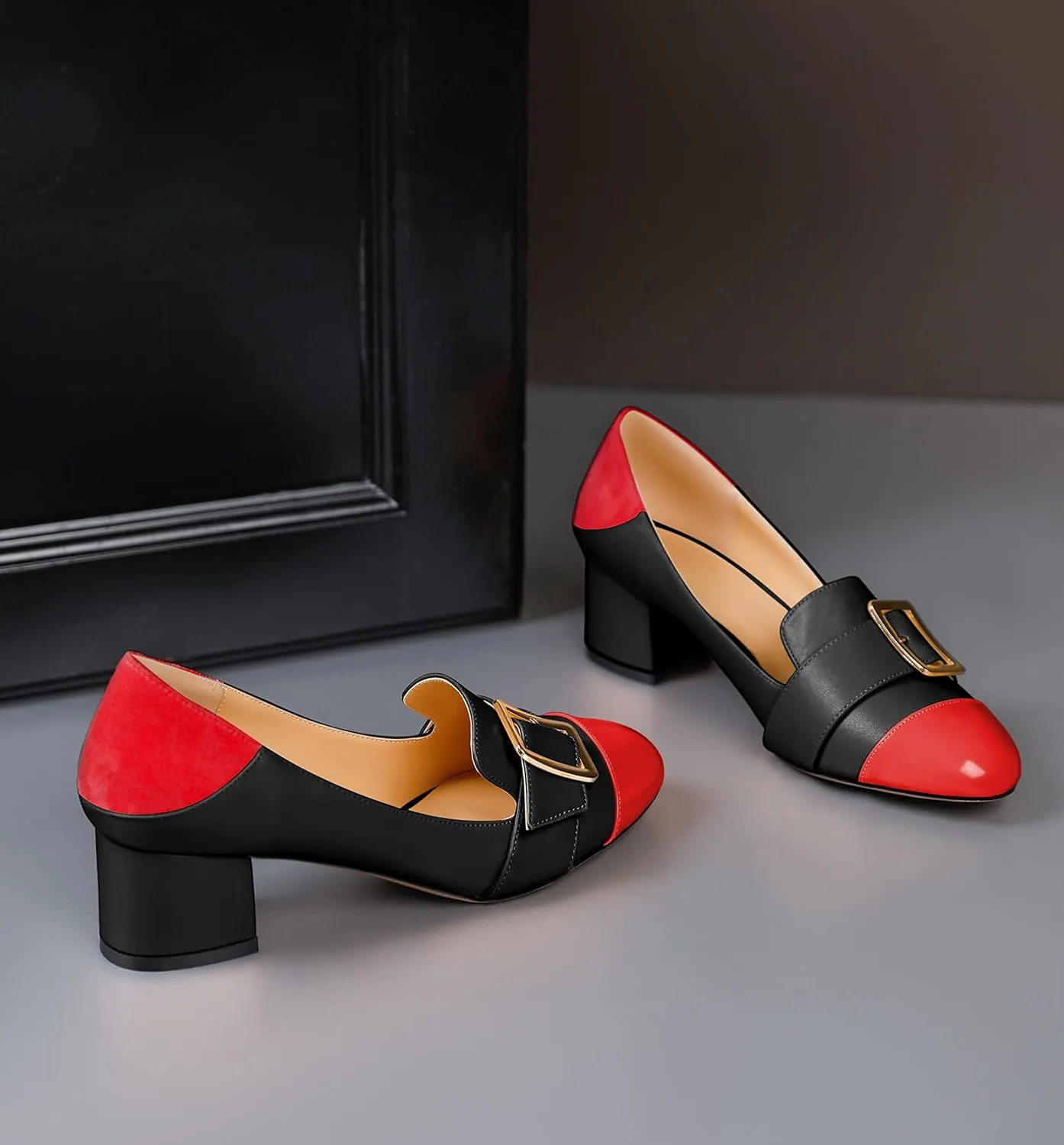 Zamikoo Block Heels for Women, Round Cap Toe Slip On Low Heel Pumps with Buckle Strap, Chunky Low Heels Loafers Pumps Dress Shoes for Wedding Party Office 2 Inches