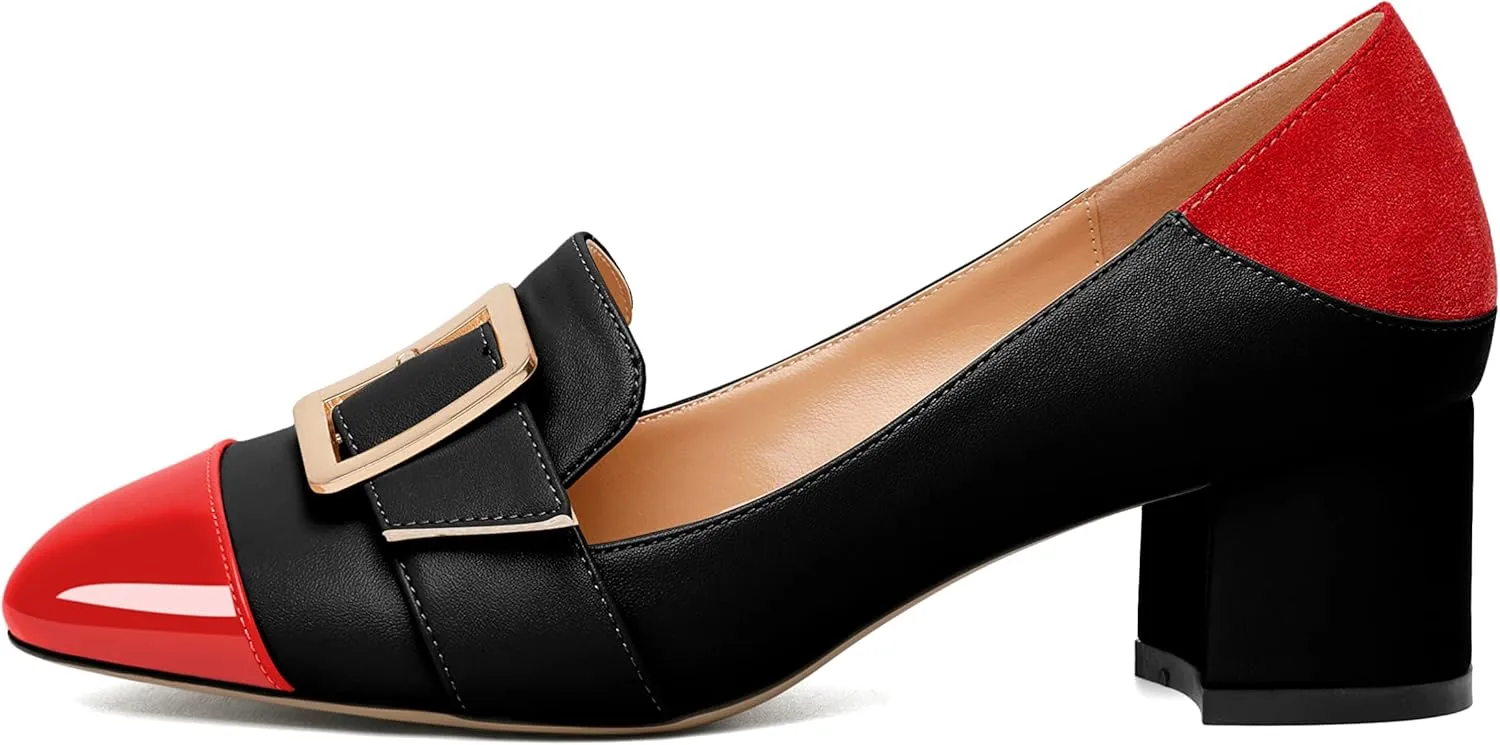 Zamikoo Block Heels for Women, Round Cap Toe Slip On Low Heel Pumps with Buckle Strap, Chunky Low Heels Loafers Pumps Dress Shoes for Wedding Party Office 2 Inches