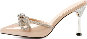 Zamikoo Women's Mule Sandals, Pointed Toe Slip On Stiletto Heel Sandals, High Heel Mules with Bowknot, Sparkly Rhinestone Heels for Summer 3.5 Inches