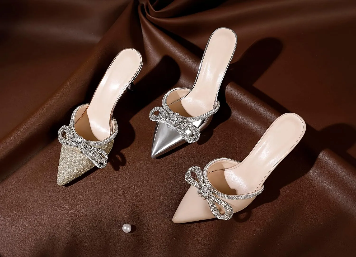 Zamikoo Women's Mule Sandals, Pointed Toe Slip On Stiletto Heel Sandals, High Heel Mules with Bowknot, Sparkly Rhinestone Heels for Summer 3.5 Inches