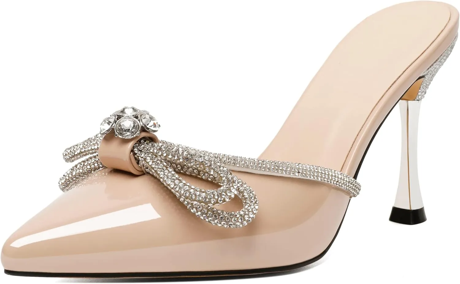 Zamikoo Women's Mule Sandals, Pointed Toe Slip On Stiletto Heel Sandals, High Heel Mules with Bowknot, Sparkly Rhinestone Heels for Summer 3.5 Inches