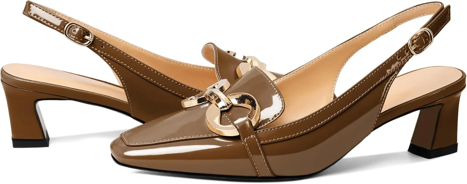 Zamikoo Women's Slingback Kitten Heels, Square Toe Loafers Low Heeled Sandals with Adjustable Buckle, Dress Shoes for Ladies Office Wedding Evening 2 Inch